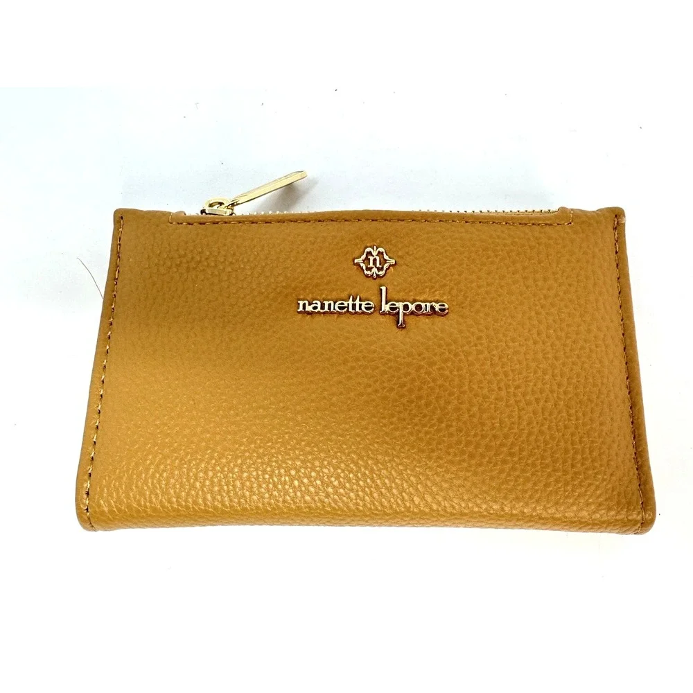 Nanette Lepore Pebbled Vegan Leather Slim Card Case Zip Wallet Wristlet Camel